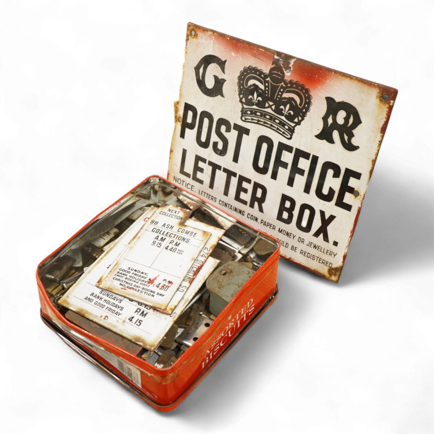 An enamelled GR Post Office Letter Box plaque, together with a group of enamel plates with details regarding the collection of post, the location of the pillar box, blanking plates, etc., with some referring to Lewes loc